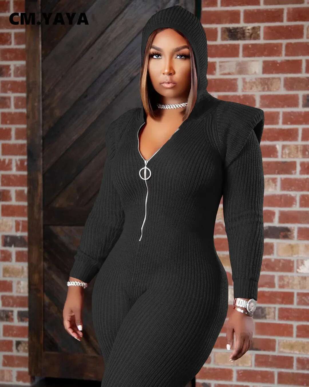 Cm.Yaya Winter Spring Knitted Women Zipper Fly Hooded Solid Sexy Jumpsuit Elegant Long Sleeve Romper One Piece Overalls Playsuit