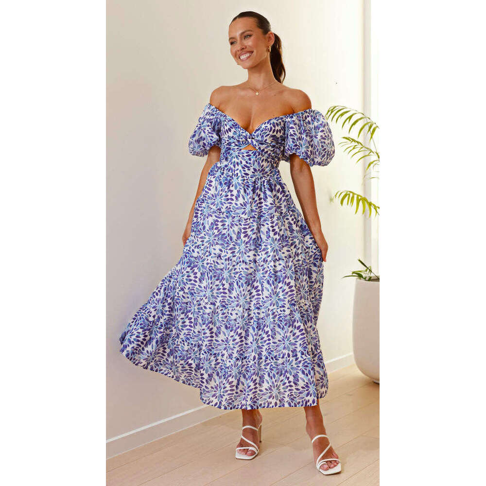 European American Spring/Summer Slimming Printed Bubble Sleeves Large Swing High end Dress for Women 2025 New Style Stylish and Elegant Clothing