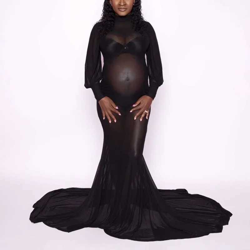 Maternity Sexy See Through Dress Mesh Turtleneck Lantern Long Sleeve Dress For Photography (Underclothes Not Included) X250224