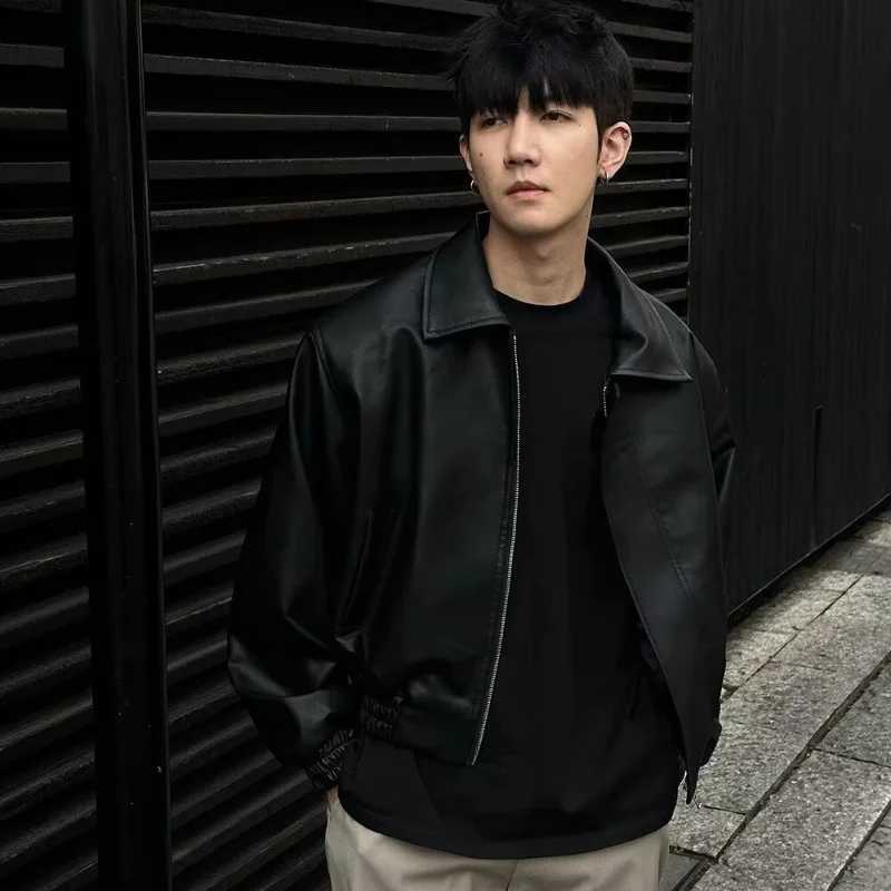 Korean Fashion PU Leather Jacket Mens Trendy Casual Black Zipper Jacket Loose Lapel Shoulder Pads Motorcycle Uniform WindbreakerT250311