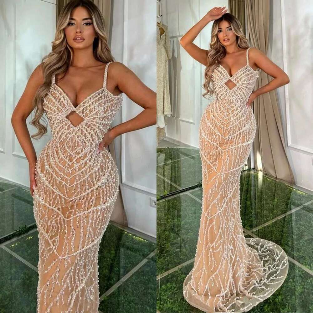 Women's Long Lantern Dresses Flattering Ball Gowns Spaghetti Ribbons Frissed Pearl Champagne Party Dress prom