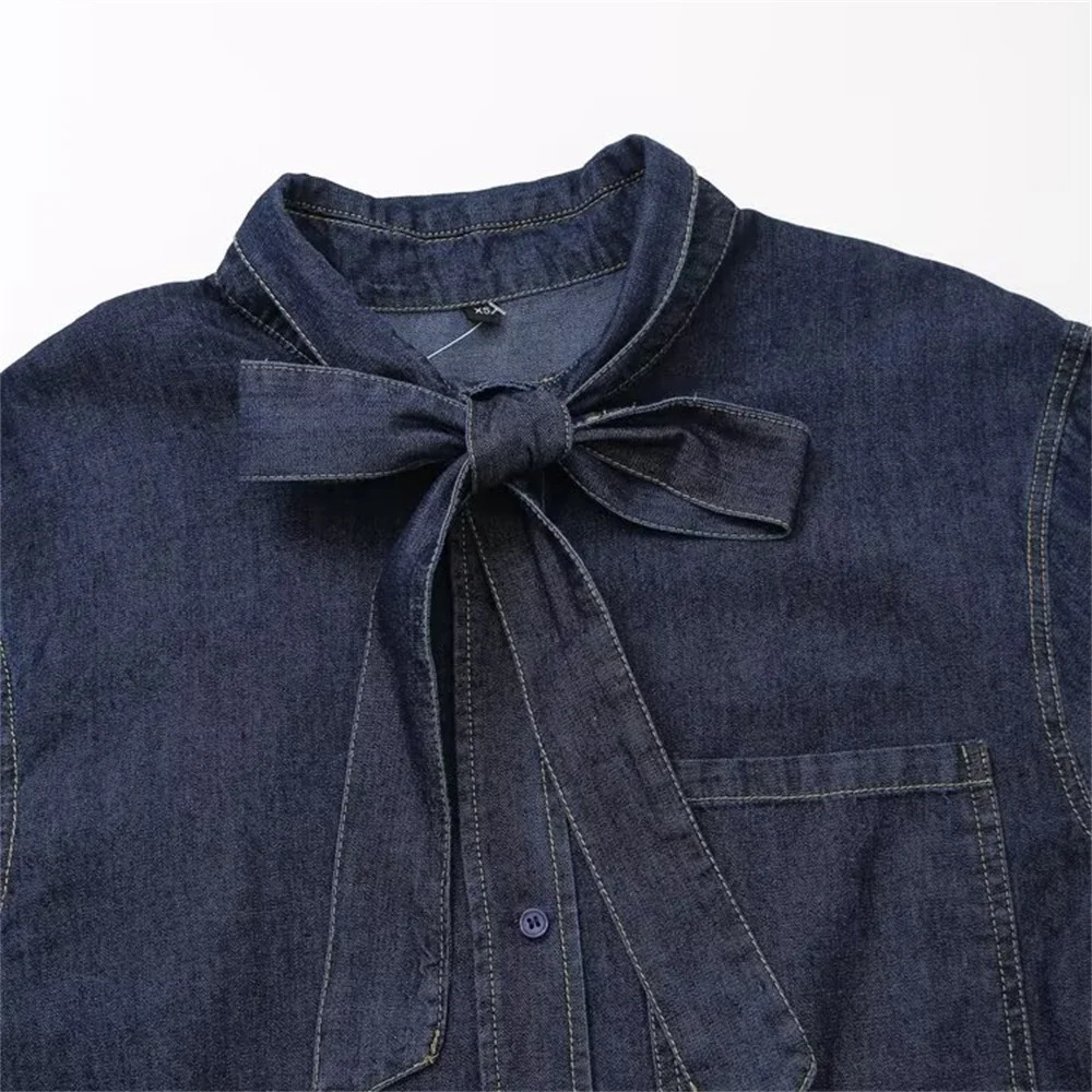 UNIZERA AutumnWinter Product Fashionable Womens Loose Color Contrasting Bright Thread Decorative Bow Denim Shirt 250311