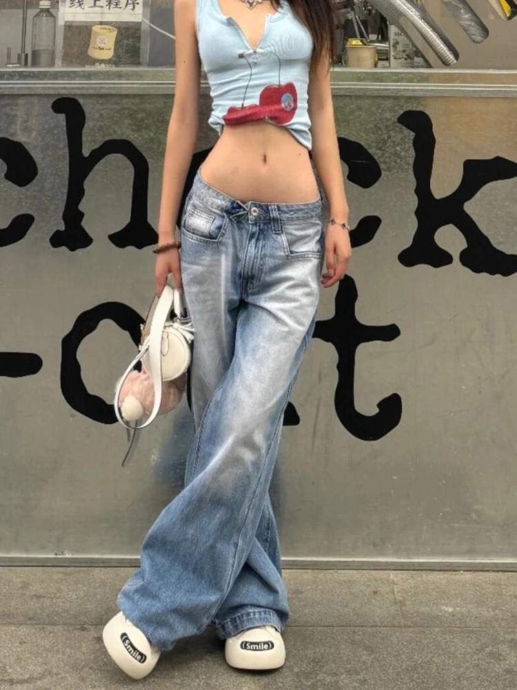 Womens American Vintage Y2k Japanese Harajuku Streetwear Baggy Low Rise Denim Pants Long Trousers 2000s Aesthetic Jean Kpop Punk 250306