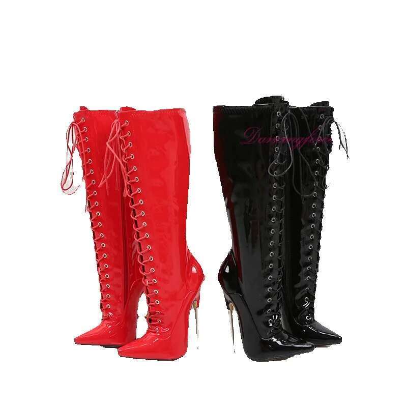 High Heel Inch Cm Metal Heels Sexy Fetish Stiletto Heel Vintage Knee High Boots Lace Up Shoes Women Size Fast Shipping