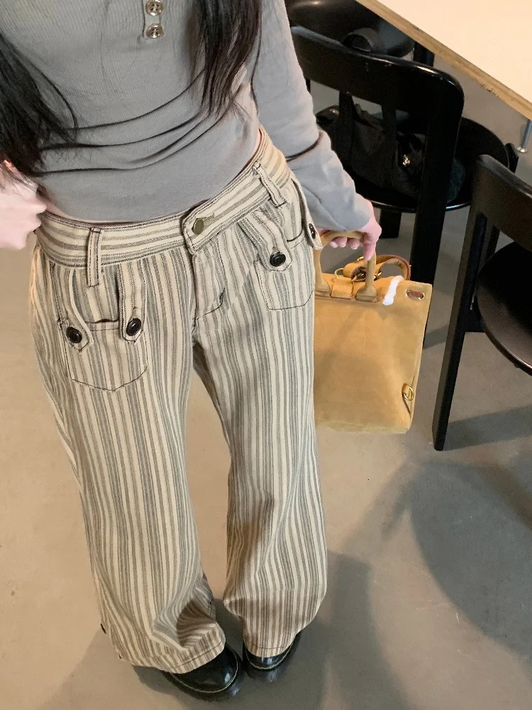 Clothing Y2K Fashion sweet Khaki Slim Striped Flare Jeans Pants For Women Clothes Korean Casual Lady Trousers Femme 250311