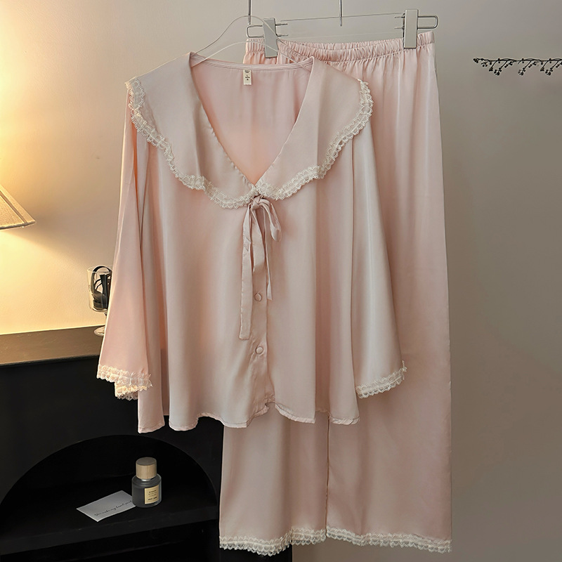Women's Sleepwear Spring Women Satin Silk Pajama Set V Neck Loose Sleepwear Pyjamas Nightgown Female Loungewear Home Suit