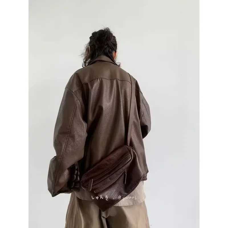 Motorcycle Leather Jacket Men Bomber Pilot Retro Loose Pu Short Coat Japanese Casual Streetwear Multi Pocket Trend Outwear NewT250311