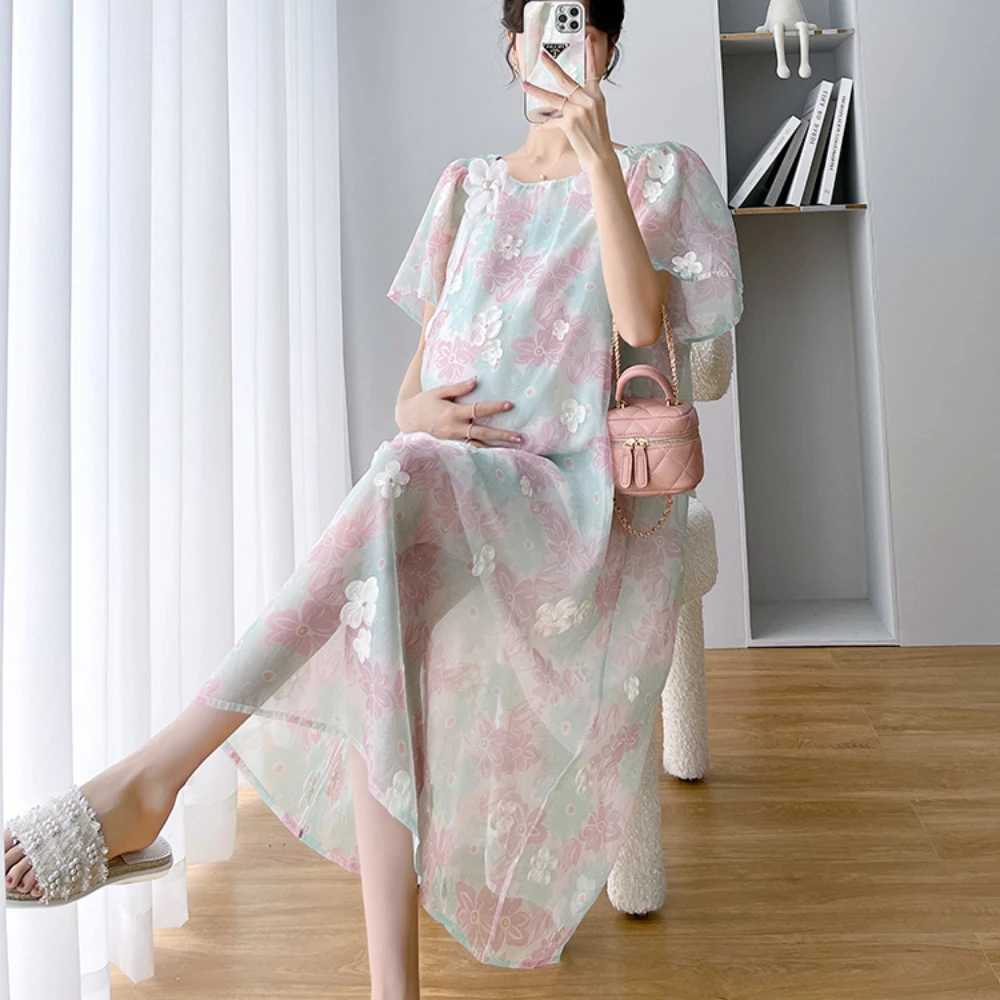 Cute Flower Embroidery Maternity Dresses Summer Pregnant Women Clothes Print Pregnancy photoshoot dress Fashion VestidosT250311