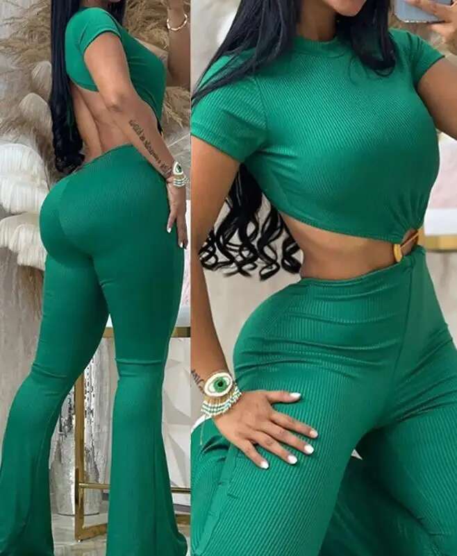 Ladies Summer Outfit O-Ring Decor Short Sleeve Sexy Backless Cutout High Waist Jumpsuit