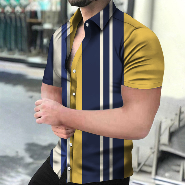 Mens Business Short Sleeve Shirt Striped High Quality Casual Shirt Men Business Button-up Tops Summer Breathable Blouse Shirts for Beach & Party