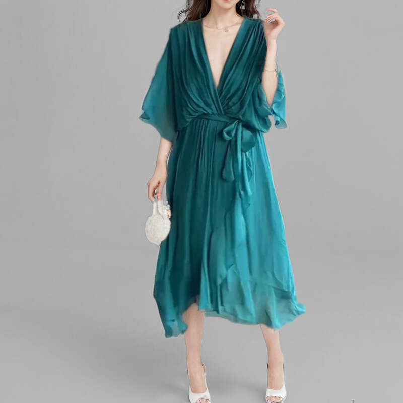 2025 Spring New Women's Solid Color Lace Up Deep V-Neck Long Dress With Bat Sleeves KLMY