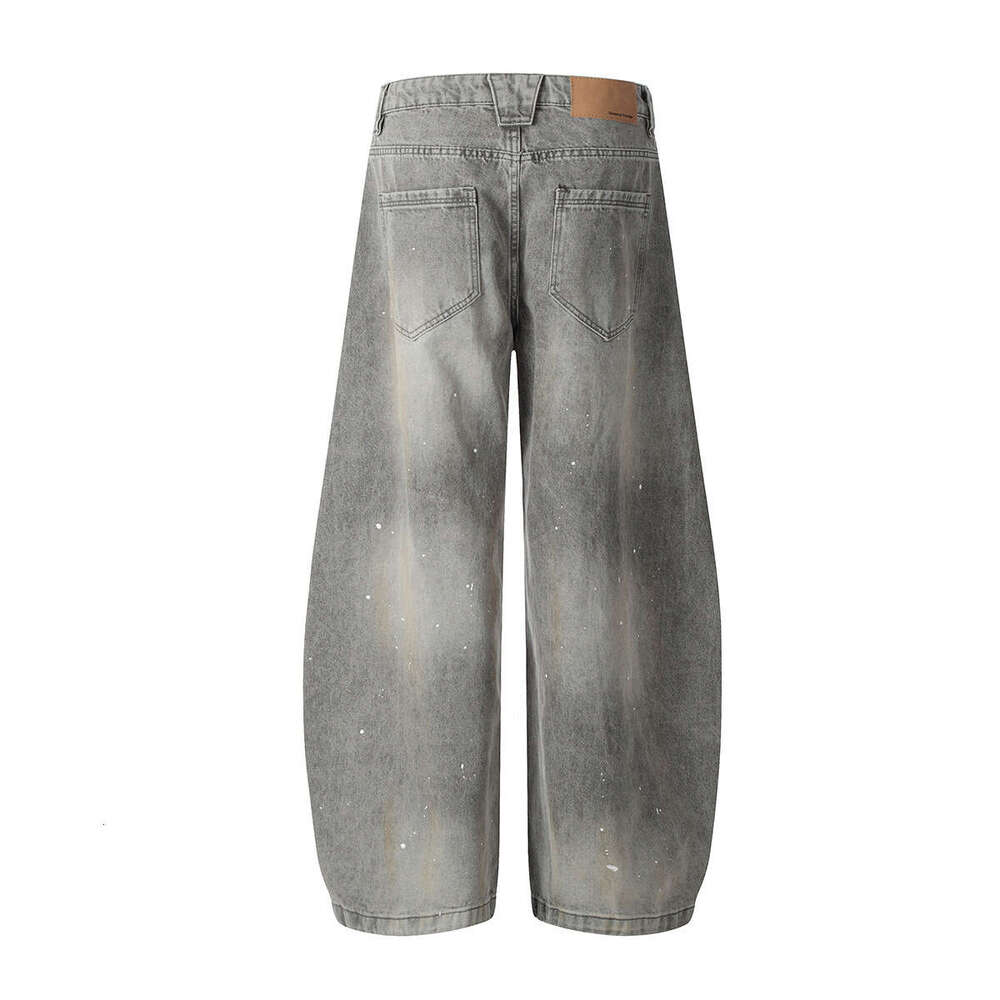 Jiayiku Men's 2025 New American High Street Inkjet Washed Curved Knife Jeans Vibe Wide Leg Pants