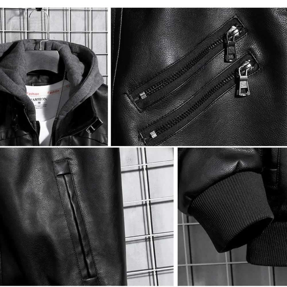 New Removable Cap Leather Jacket Mens Autumn and Winter PU Leather Jacket Coat in The Youth Mens Biker Wind Mens Leather CoatT250311