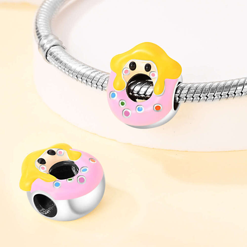 Hot Selling 925 Sterling Silver Charm beads Cartoon Linked Doughnut Series Charms Fit S925 Snake bracelet necklace DIY For women jewelry girt free shi