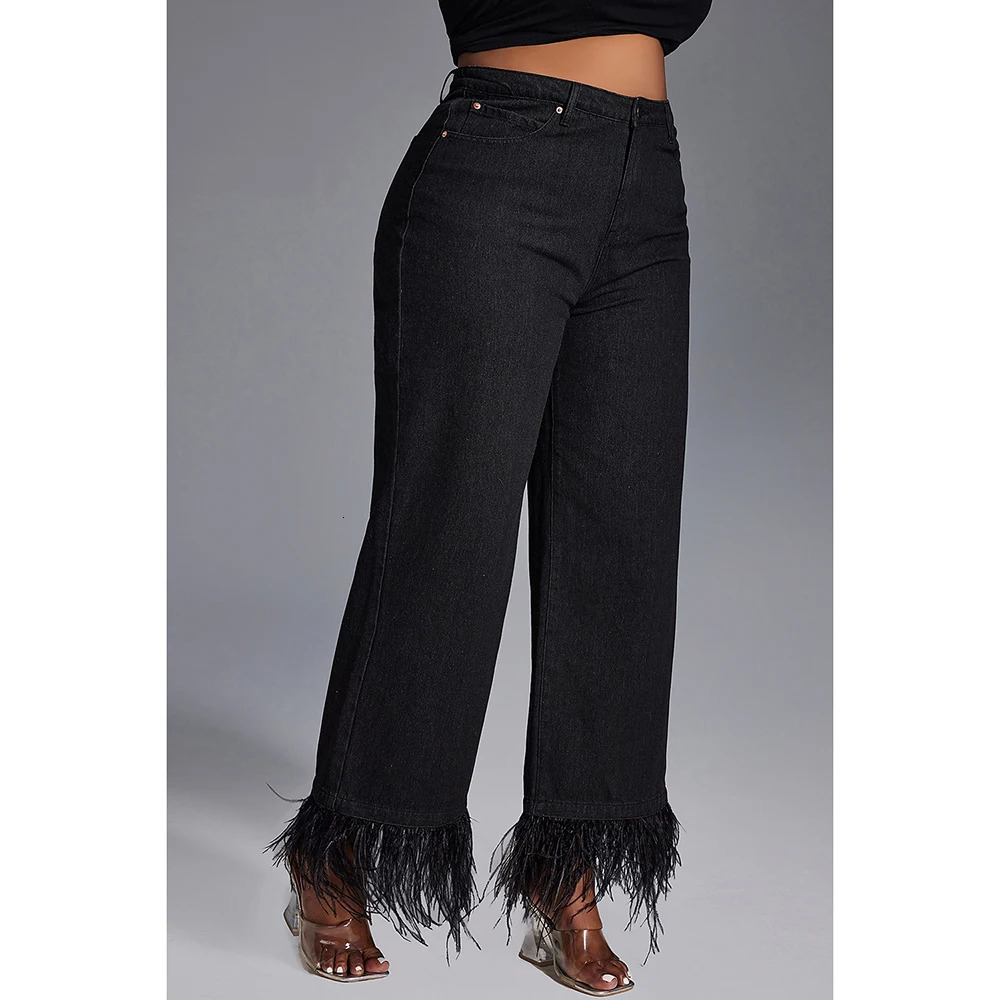 Plus Size Womens Jeans Daily Jean Black Casual High Waist Straight Feather Button Fashion 250311