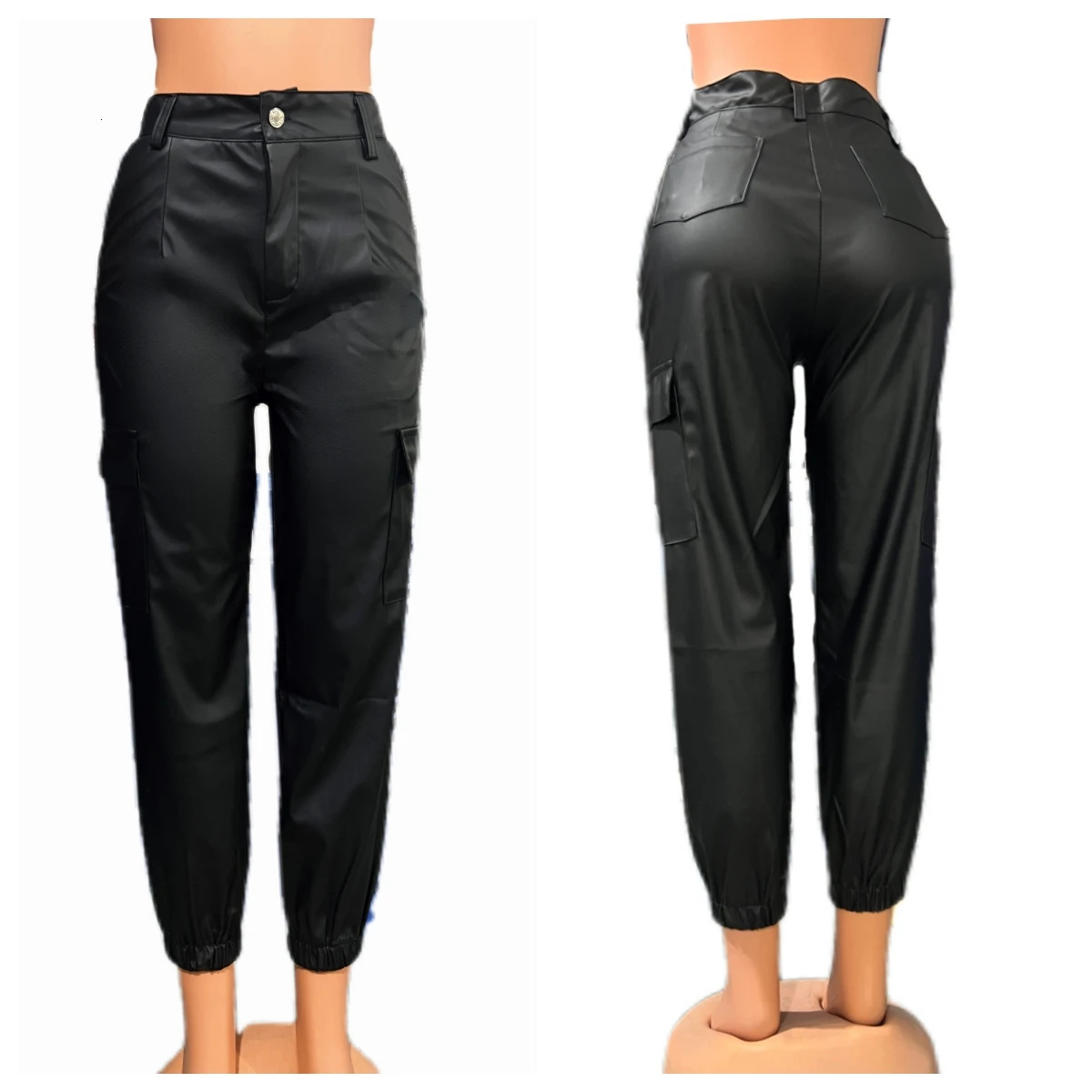 Womens Cargo Pants 2023 Fashion Street Trends Pocket n Cuffed Y2k Tight PU Leather Trousers Autumn High Waist Pant Female 250305