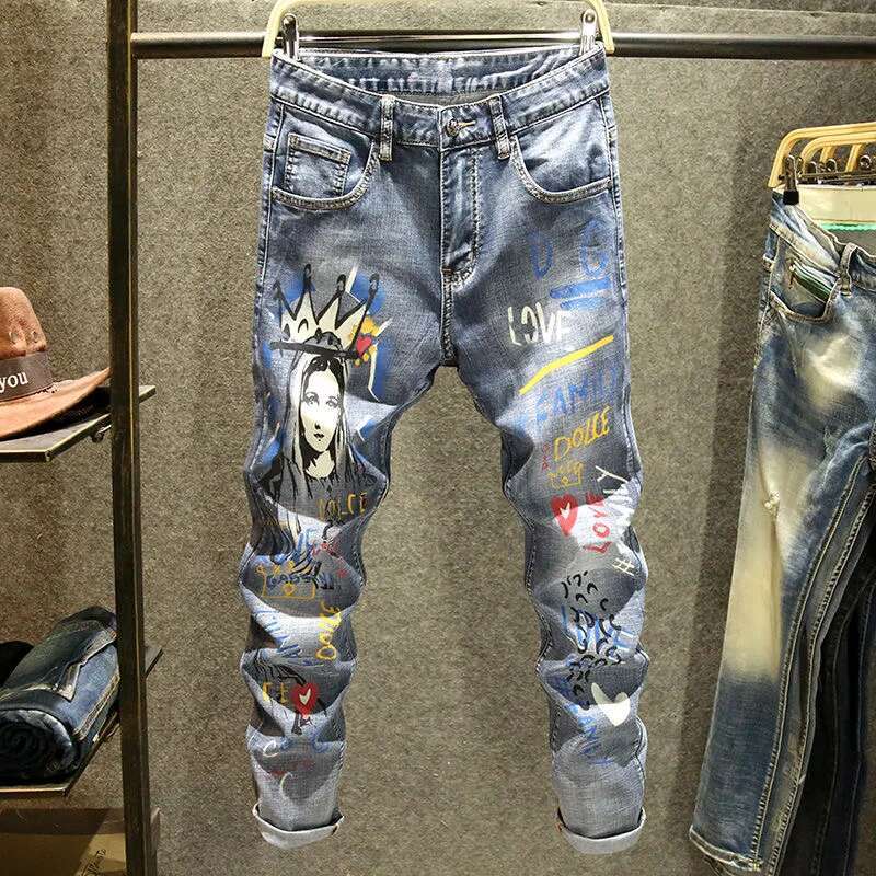 2025 summer New Classic Fashion Designer One Piece Printed Blue Small Leg Pants Men s Casual Pants Slim Fit Comfortable Elastic Jeans Outdoor Casual S