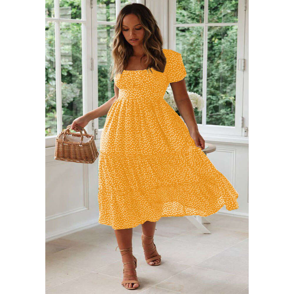 New popular square neck bubble sleeve ral dress from Europe and America, long skirt with versatile temperament for 2025, new trendy clothing ins