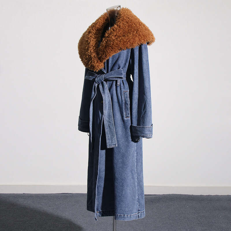 Street Style Niche Trench Coat Spring 2025, New Fur Collar, Detachable Long Denim, Waist Cinched Wide Jacket For Women