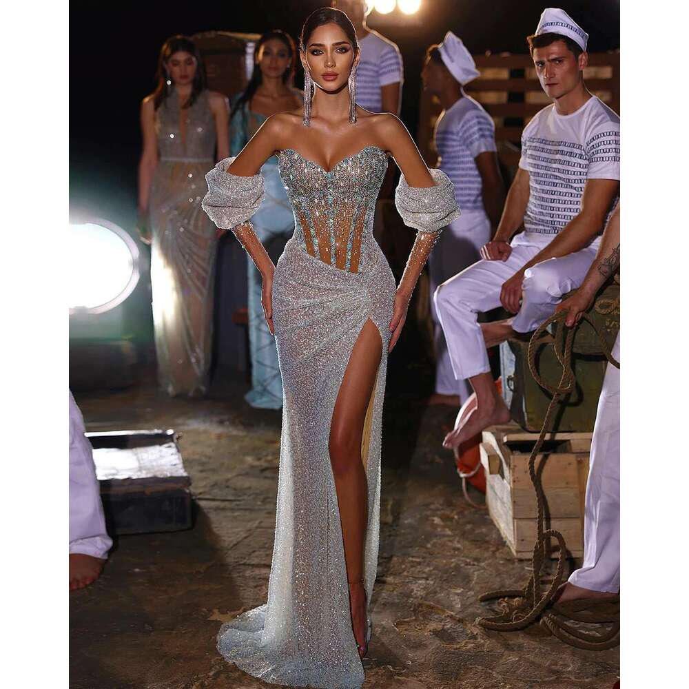 Bright Mermaid Ball Gowns for Women V-neck Split Side Crystal Sequins evening Night Dress