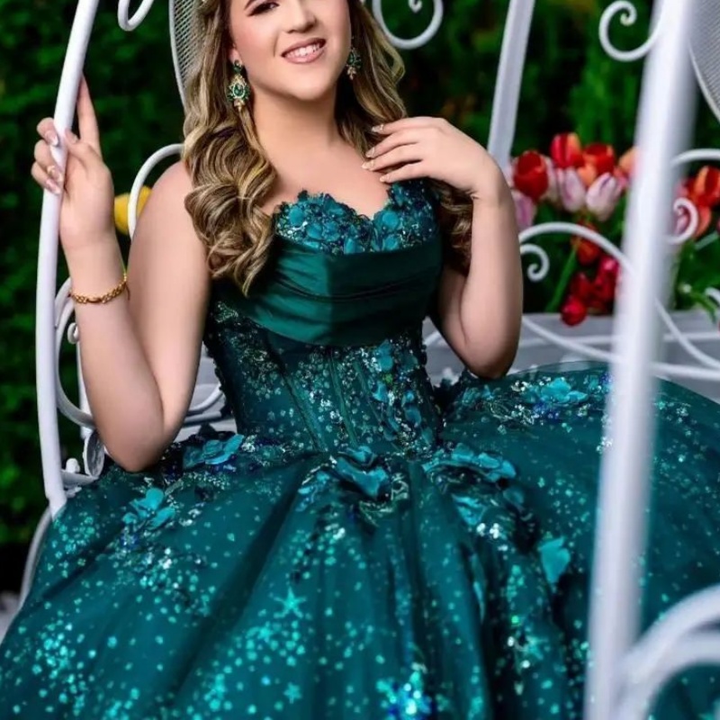 Blackish Green Shiny Princess Ball Gown Quinceanera Dresses Lace Appliques Crystals Beads Party Birthday Sweet 16 Dress Vestidos 15 De Anos