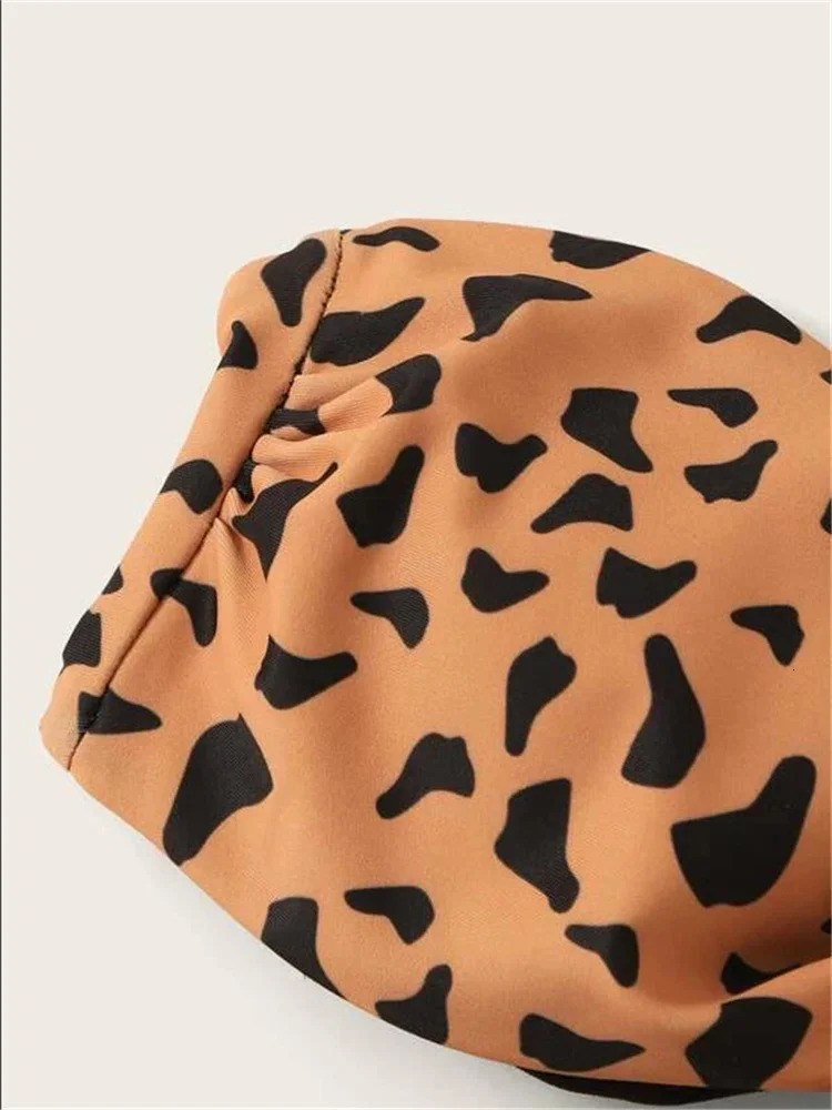 Beach Bikini Woman Sexy Front Lace Up Tie Bandeau Leopard Swimsuit Female Push Ruffled Bow Bathing Suit Thong Swimwear 250310