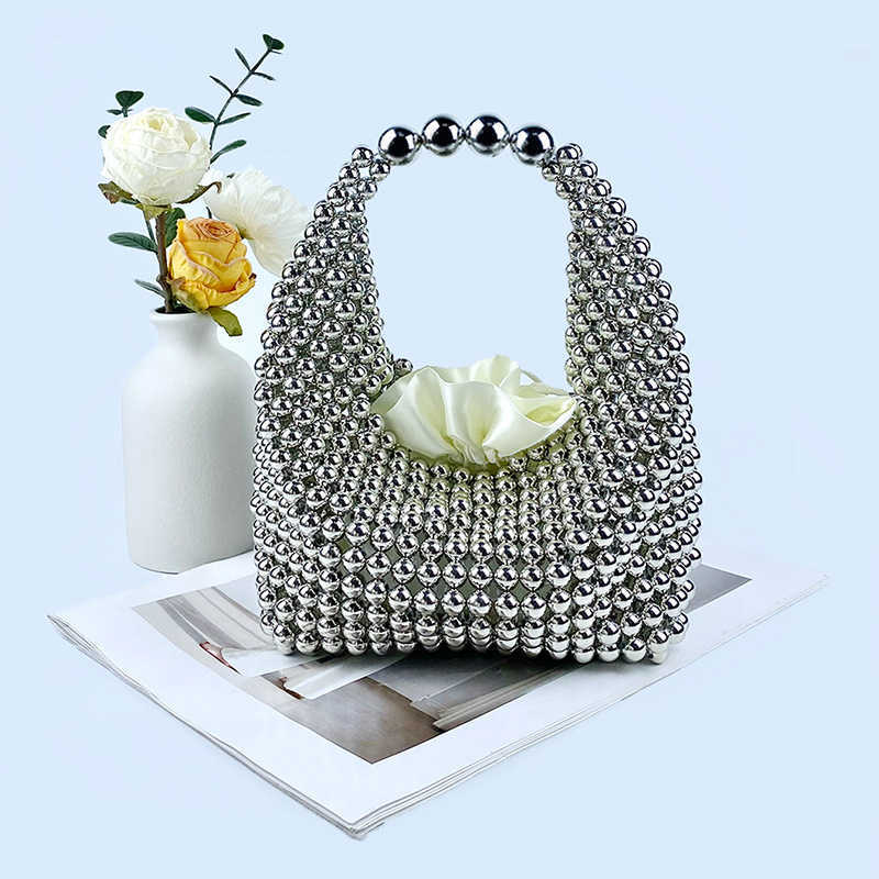 Same Style Premium Texture Pure Handmade Silver Beaded Pillow Bag Banquet Bag Fashion Versatile 250315