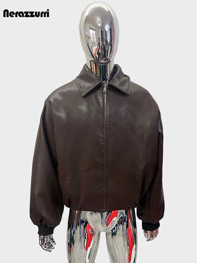 Nerazzurri Spring Autumn Cool Short Oversized Warm Brown Pu Leather Jacket Men Zipper Loose Casual Korean Fashion Clothes 2024T250311