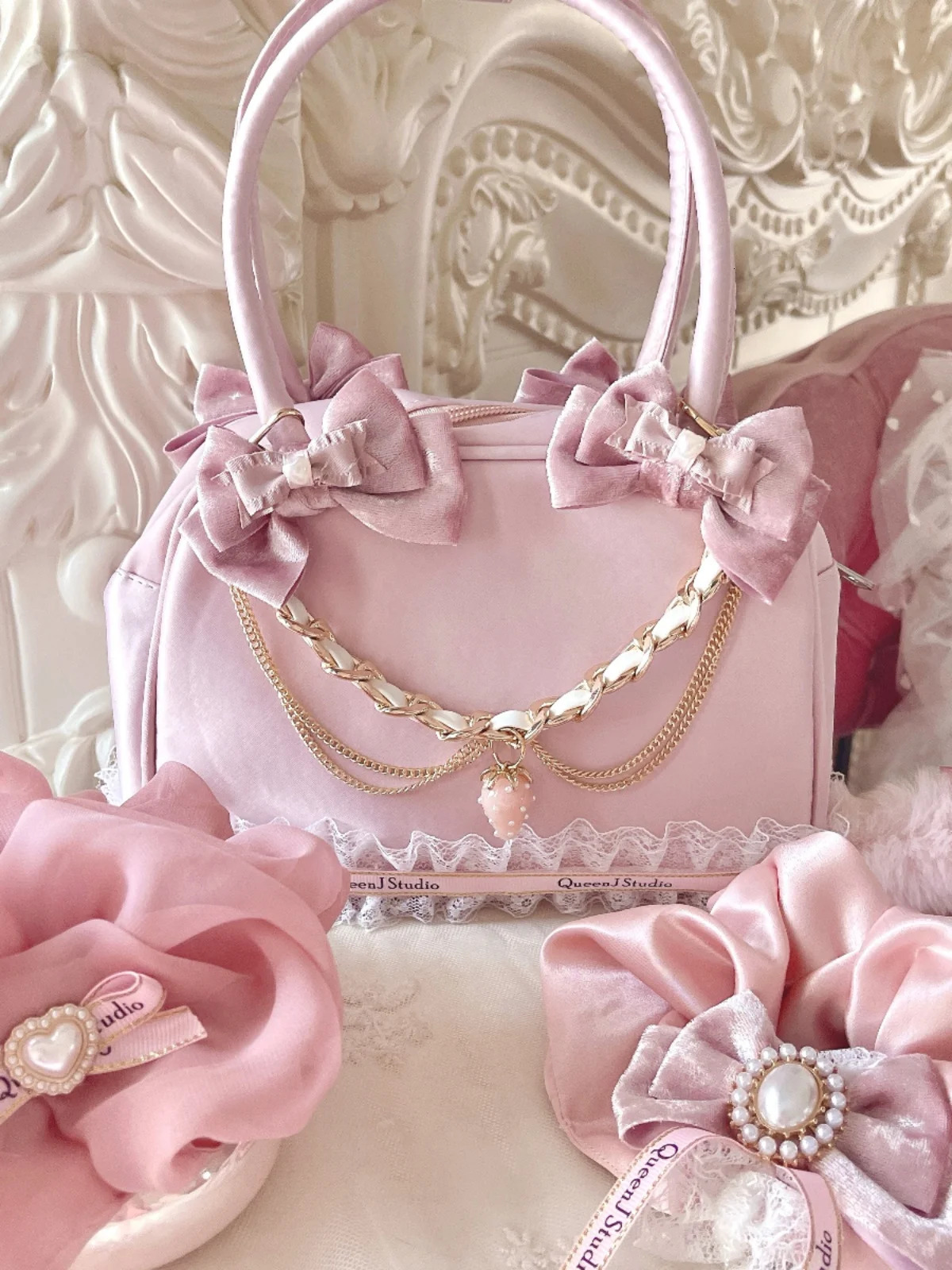Japanese Sweet Cute Pink Handbag Womens Fashion Versatile Bow Chain Shoulder Bag Plush Cosmetic Bags Hair Accessories Hairpin 250311