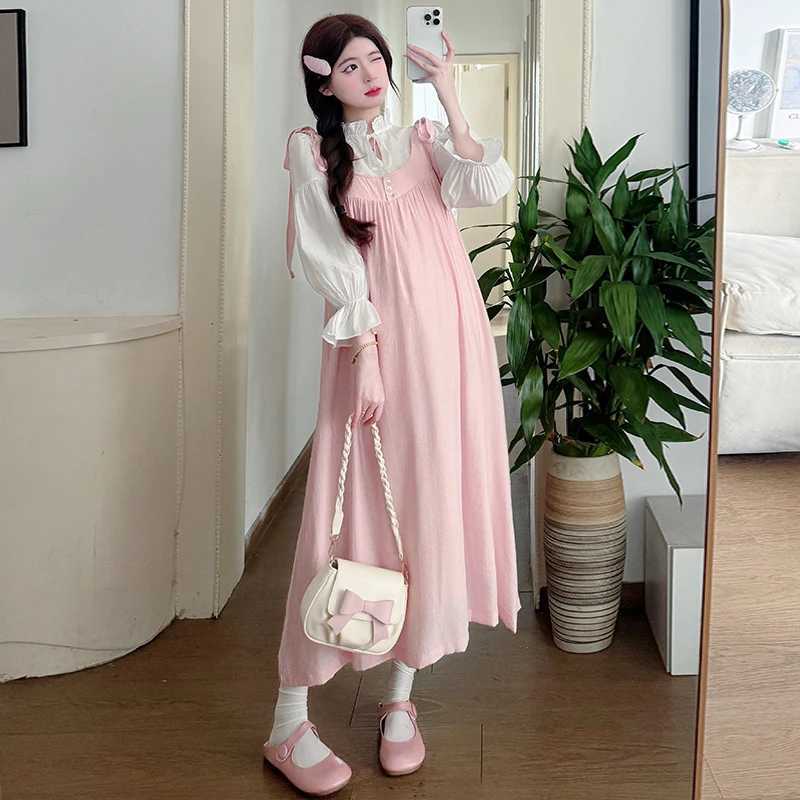 Plus Size Maternity Summer Dress with Pockets Pink Long Loose Pregnant Womens Strap Dresses Sweet Pregnancy Holiday ClothesT250311