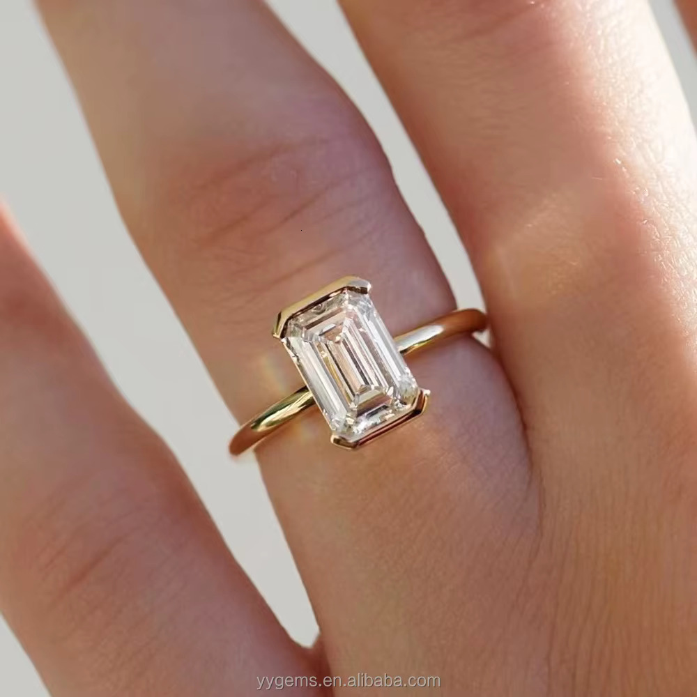 Customized 14K Yellow Gold Half Bezel Setting 6*9 Ridine Che Moissanite Solitaire Wedding Ring Fine Jewelry Women Rings