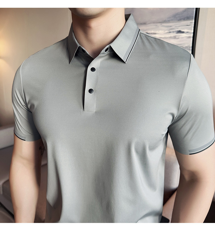 Non marking pressure glue free short sleeved polo shirt business high-end men's clothing, ice silk drape high elasticity nylon ammonia T-shirt fo