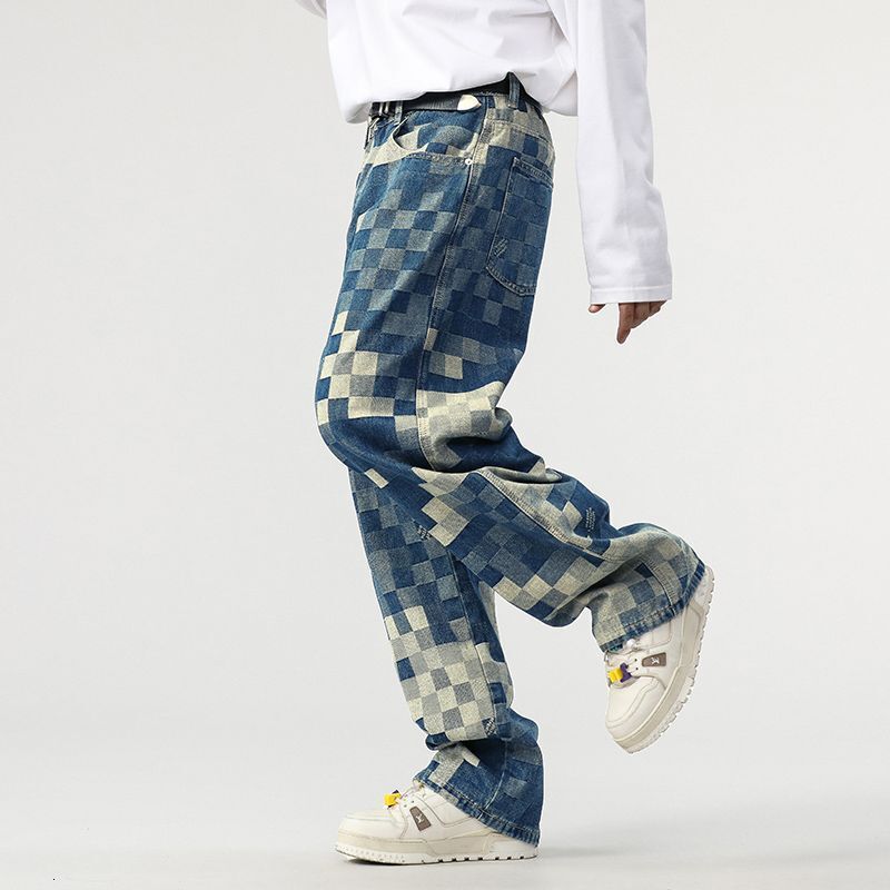 2025 Hot Selling Fashion Designer Men s American Jeans Men s Mosaic Chessboard Popular Pattern Straight Tube Loose Pants Outdoor Casual Skateboarding 