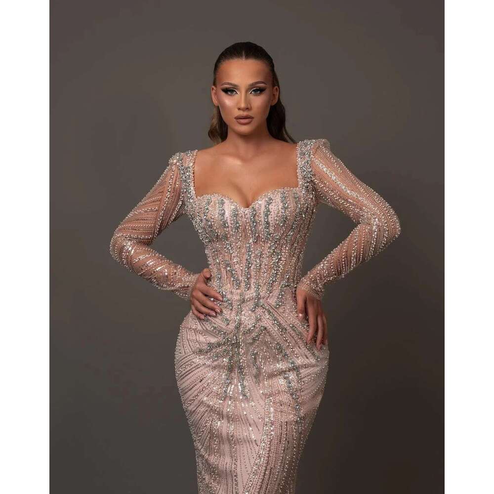 Brilliant sequins and mermaid crystal dresses, custom evening dress, long sleeves, illusion, light pink, party