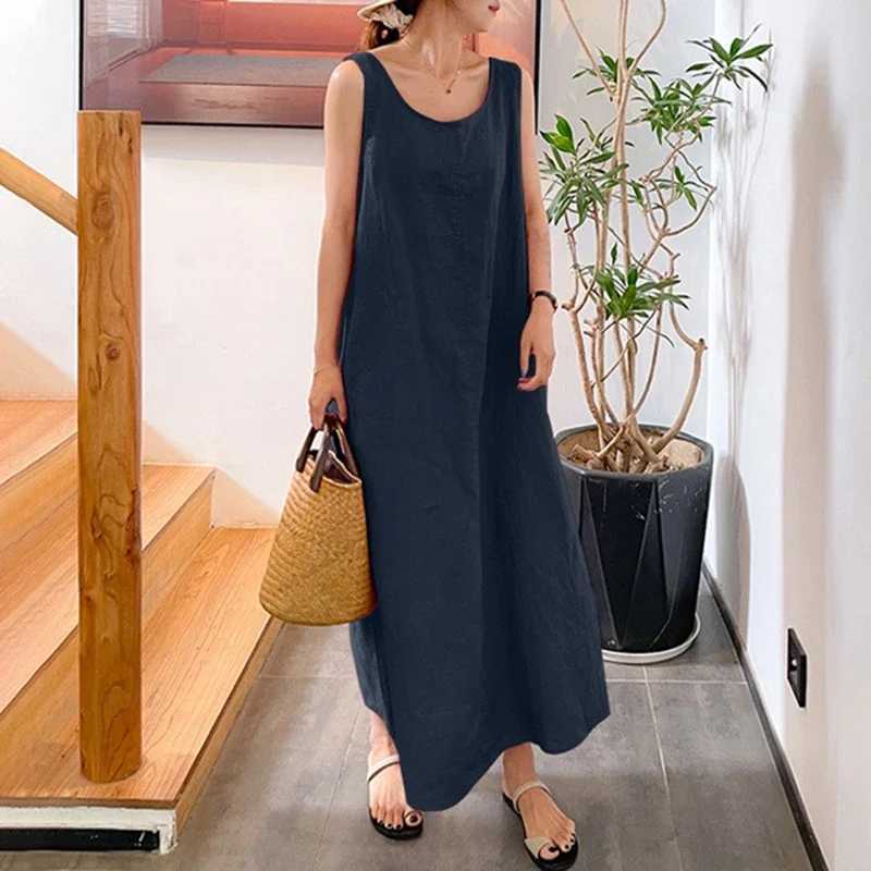 2024 New Summer Women Sleeveless Sundress Elegant Round Neck Cotton Linen Solid Long Tank Dress Vintage Pockets Beach VestidosT250311