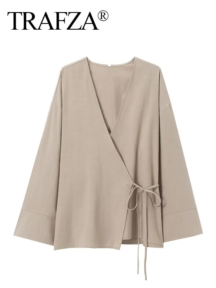 Womens Belt Pajamas Style Shirts Tops Chic Lady Spring Fashion Female Solid Loose Casual VNeck Long Sleeve Blouse 250311