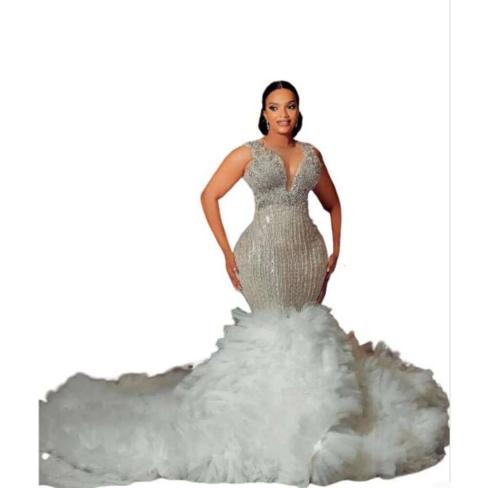 the crystal mermaid female bright beads v neckline dresses plus size ruffles custom wedding dress