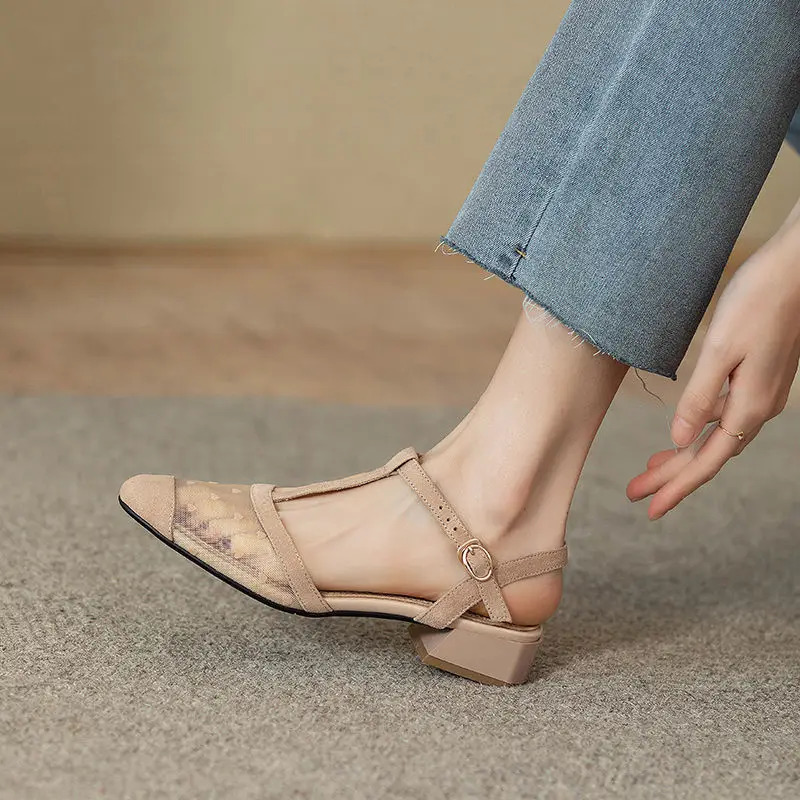 Footwear Lace Sandals for Women Clear Transparent Summer 2025 Closed Black Ladies Shoes with Medium Heels Sale Comfort Casual H 250305