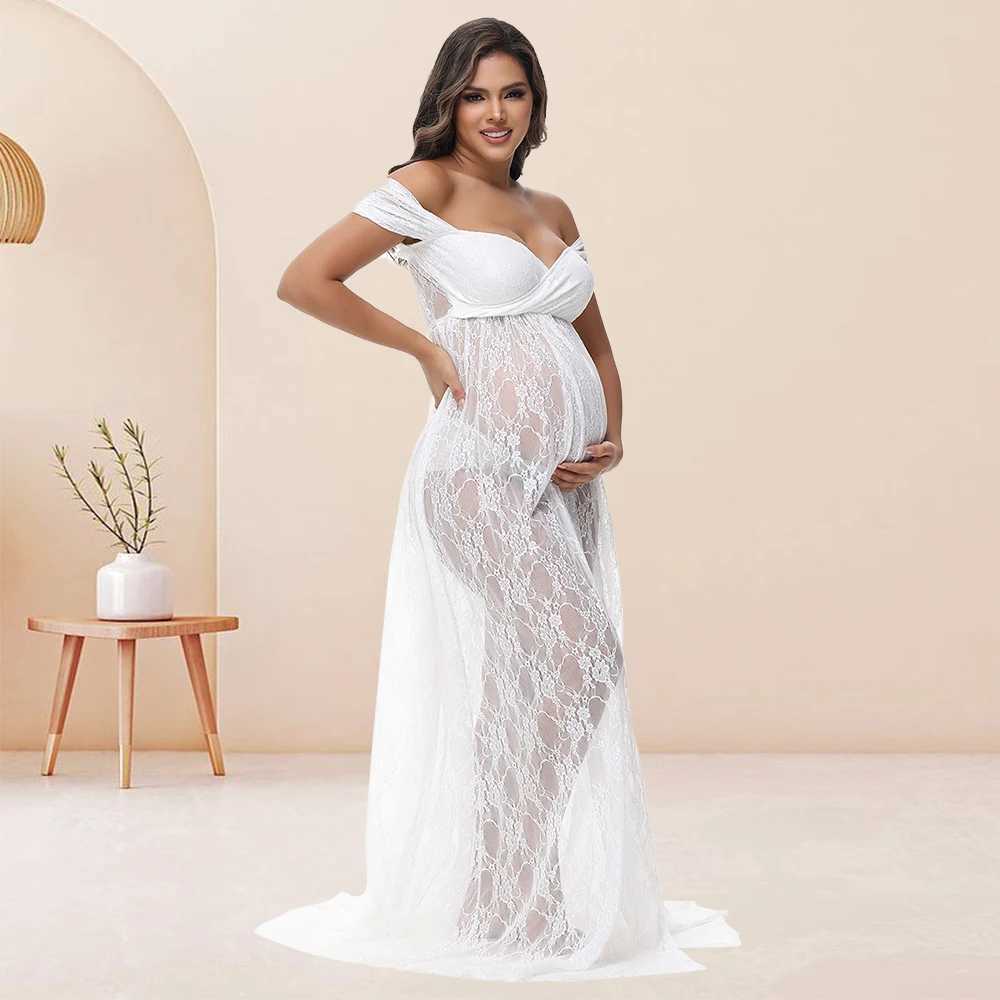 Maternity Lace Sexy Long Dress Off-Shoulder High Waist Slit For PhotoShoot Baby Shower Pregnancy Women Bohemian GownT250311