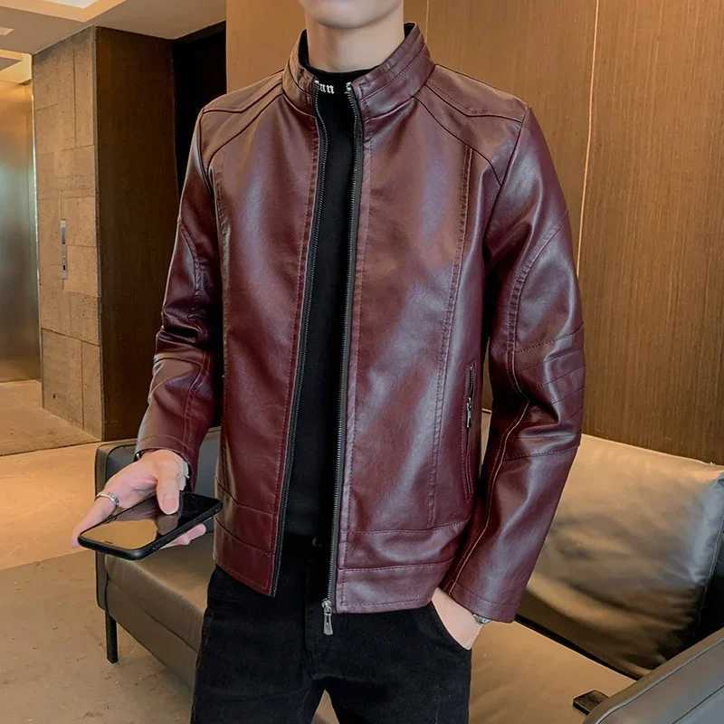 Stand Collar Mens Fashion Leather Jacket Slim Fit Casual Business Leather Jacket Mens Leather Jacket Top Clothing Trend JacketT250311