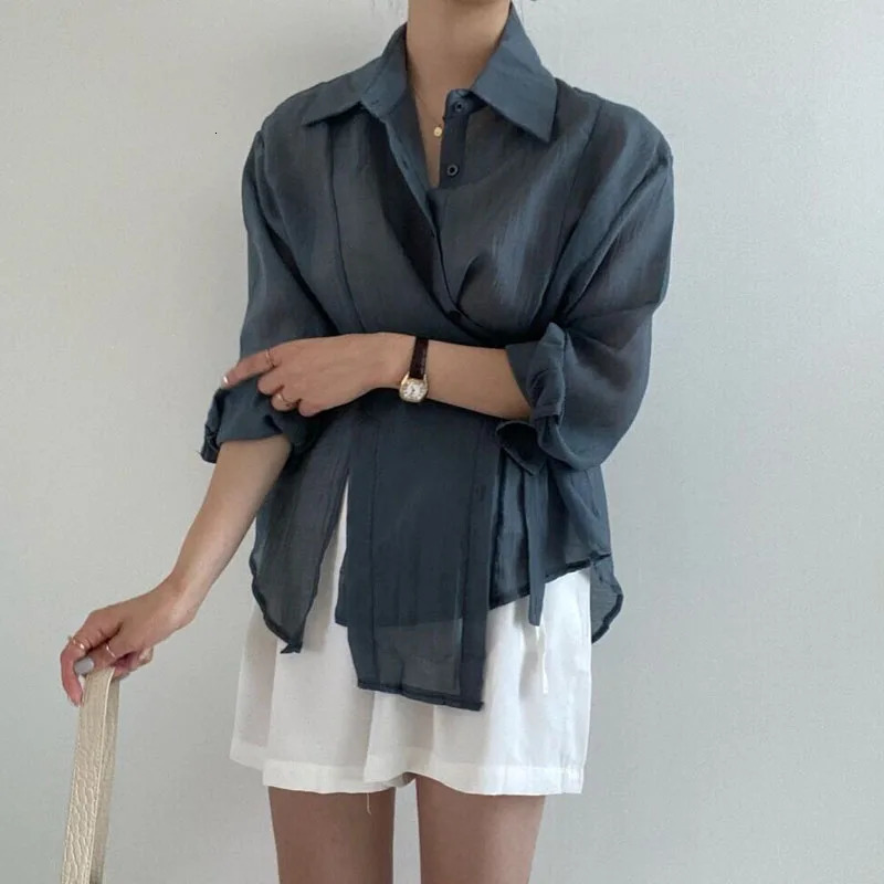 Sunscreen womens shirt chic loose long sleeved fashionable casual button up top office elegant clothing 15674 250310
