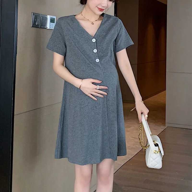 Summer Fashion Maternity Short Sleeves Long Dress Elegant A Line Slim Waist Loose Clothes for Pregnant Women Casual PregnancyT250311