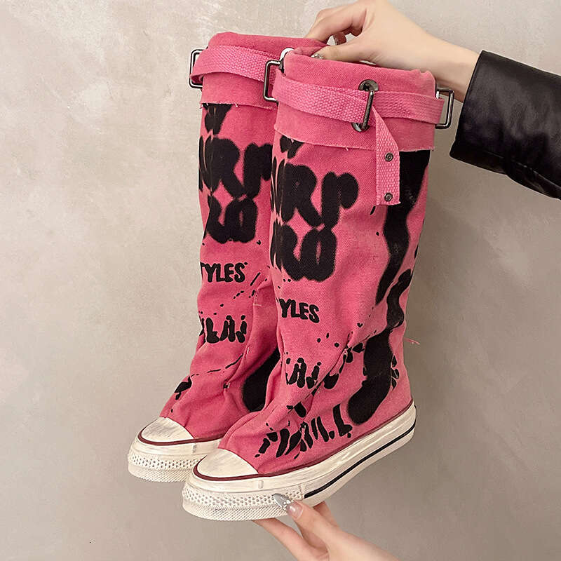 Graffiti High Top Canvas Shoes Women's Spring Wide Mid 2024 New Trouser Barrel Stacking Boots dh911125171