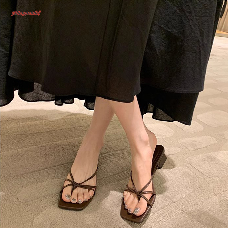 Grape Mom Summer New French Square Headed Thin Belt Hollow Clip Feet Thick Heel Flat Bottom Sandals for Women's Outwear ddmypanda