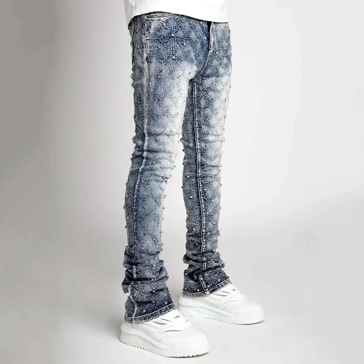 2025 Men s New Jeans Fashion Designer Straight Tube Elastic Pearl Denim Laminated Pants Slimming Trendy Tight Pants Outdoor Casual Pants