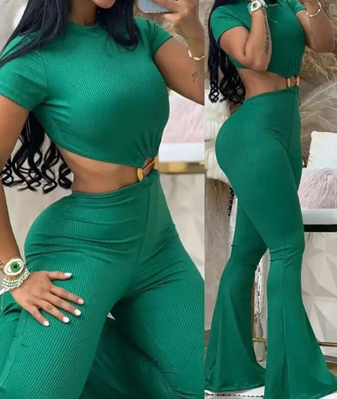 Ladies Summer Outfit O-Ring Decor Short Sleeve Sexy Backless Cutout High Waist Jumpsuit
