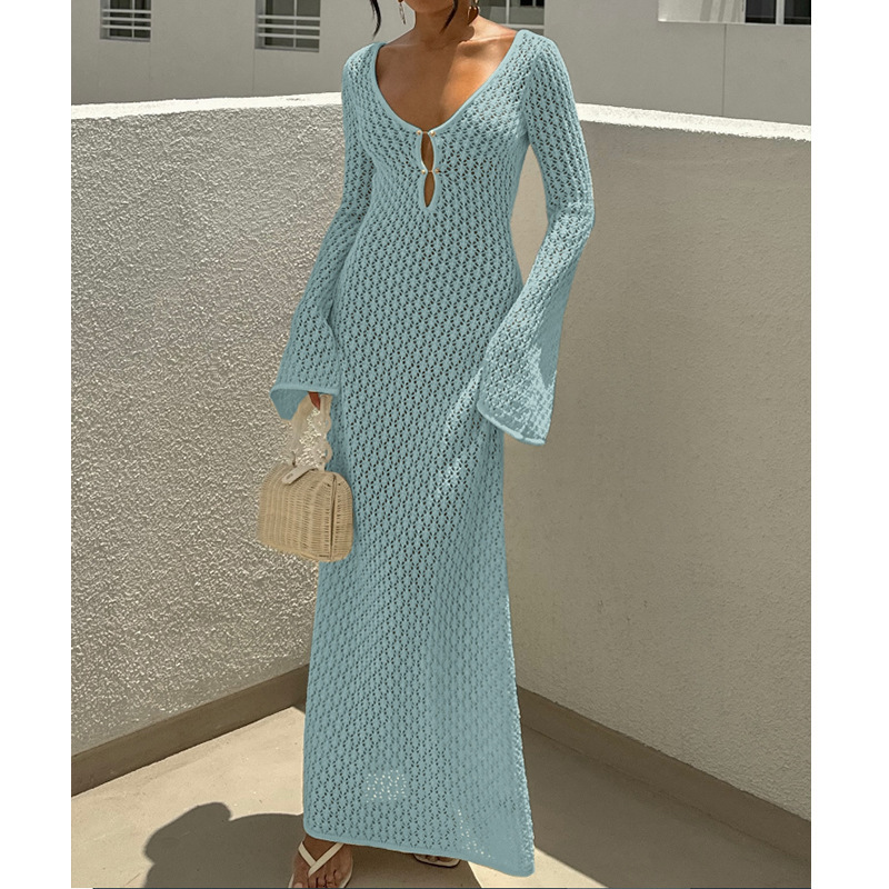 New Hollowed Out Texture V-Neck Round Button Sleeved Vacation Dress, Beach Sunscreen Backless Long Skirt