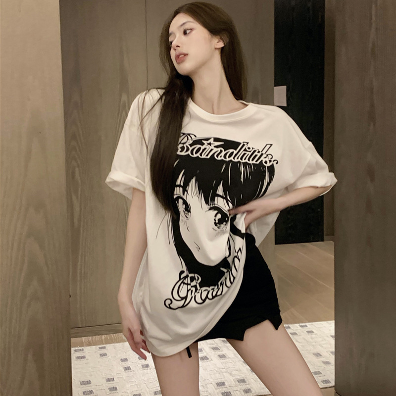 2025 summer new white oversized loose cotton short sleeved designer women's T-shirt trendy brand printed medium to long length top1