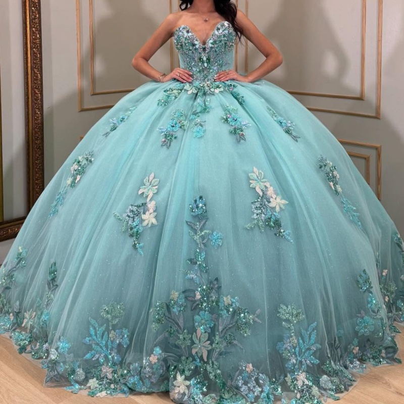 Water Blue Shiny Off Shoulder Quinceanera Dresses Sequin Applique Lace Beading Crystal Tull Party Birthday Sweet 16 Dress Vestidos 15 De Anos