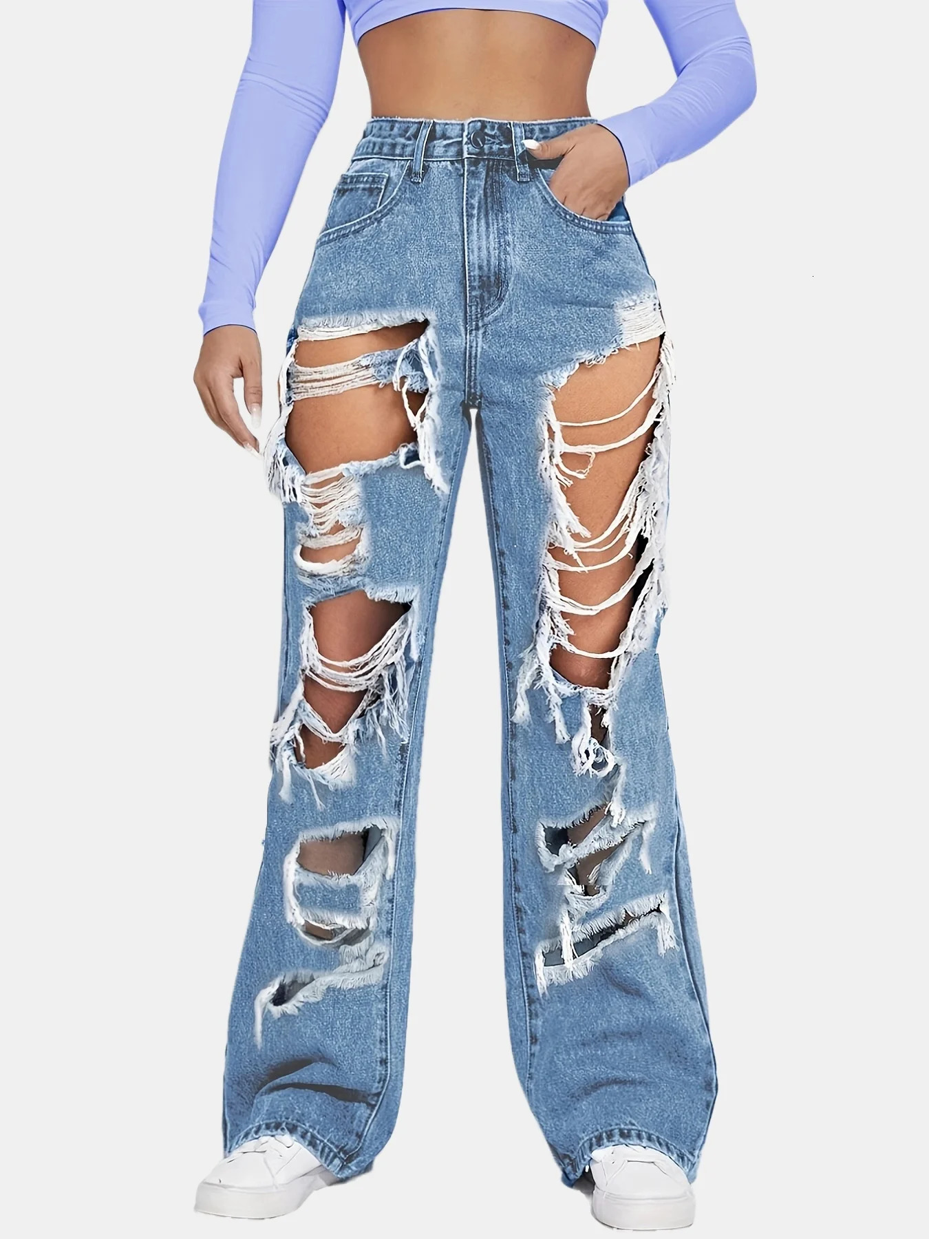 Blue high waisted straight jeans ripped holes loose fitting womens denim and clothing 250311